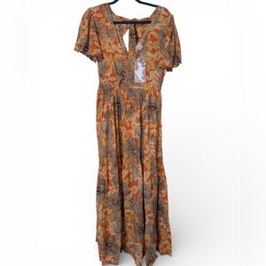 Band of the Free Floral Maxi Dress Medium Boho Peep Front Tie Waist Neck Pockets